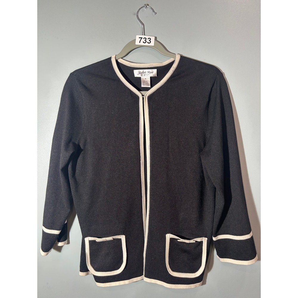 Judith Hart Collection Silk Blend Cardigan Black White Trim Open Front Sweater M